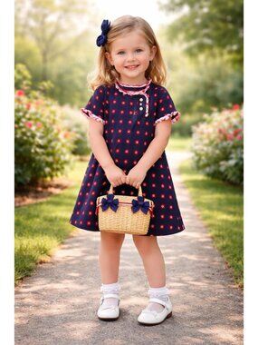 Janie and Jack Girls Knit Dress Navy Red Floral Size 4 Preppy Classic